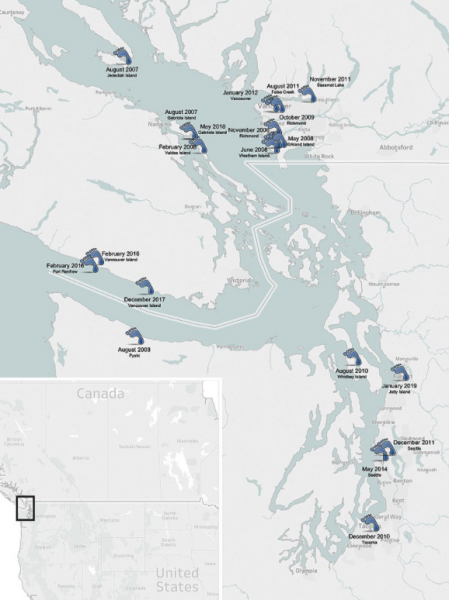 /WA: SALISH SEA HUMAN FOOT DISCOVERIES CASE: several feet washed up on Canadian Islands and Washington State - Aug 2007 - Jan 2019