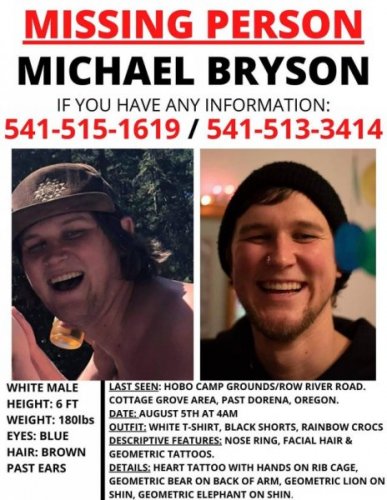 MICHAEL BRYSON:  Missing from Hobo Camp, Lane Co, OR - 5 Aug 2020 - Age 27