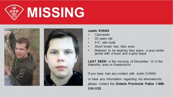 JUSTIN EVANS: Missing from Kilworthy, Ontario, Canada - 12 December 2020 - Age 22 *Found Deceased*